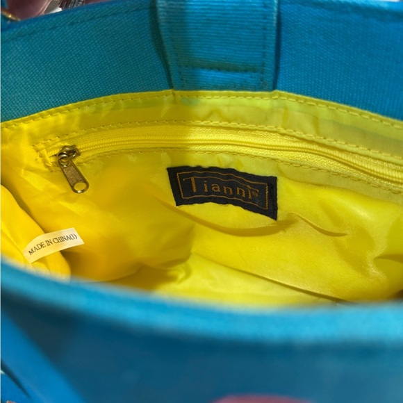 Tianni Bamboo Handle Vibrant Blue and Yellow Tote with Playful Design - Picture 8 of 10